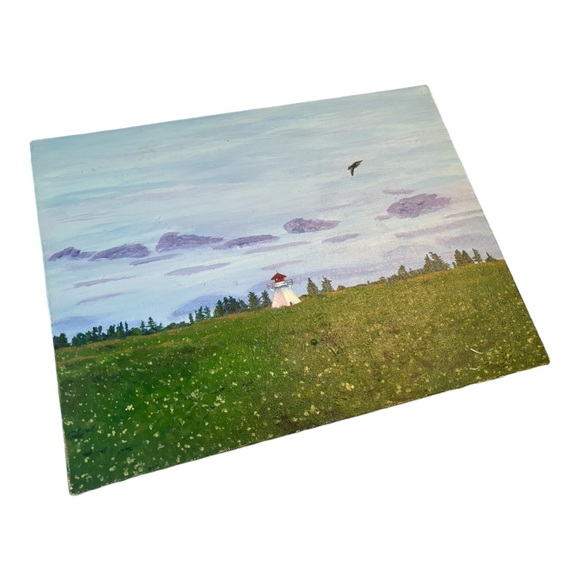 16 x 12 Original Lighthouse island PEI acrylic on canvas painting field sky bird - Picture 4 of 7